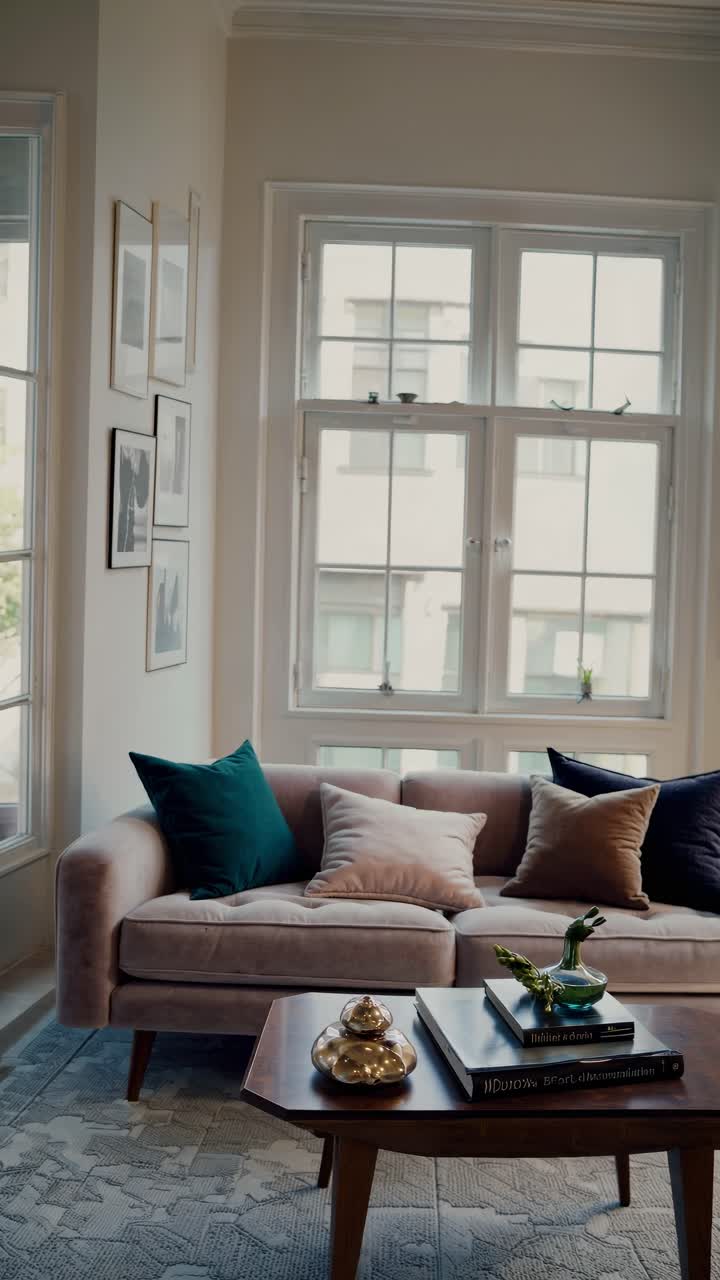 Cozy living room with plush sofa and cushions, shot from a side angle