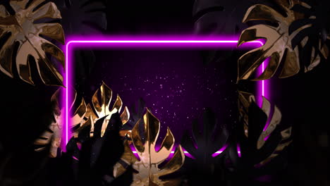 animación de hojas tropicales doradas con marco de neón rosa sobre fondo marrón.