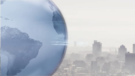 animation of rotating globe over aerial view of modern cityscape against sky