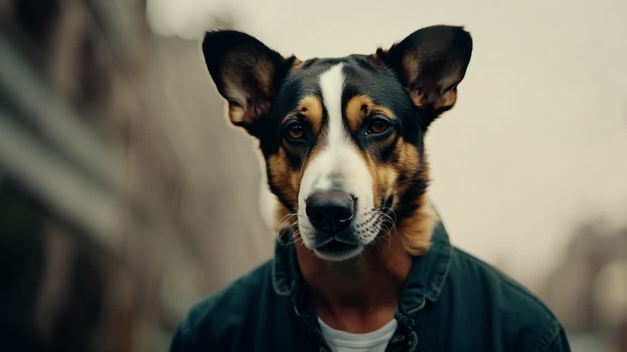 Dog held by its casually dressed owner in an urban setting displays an unamused expression, creating a humorous scene