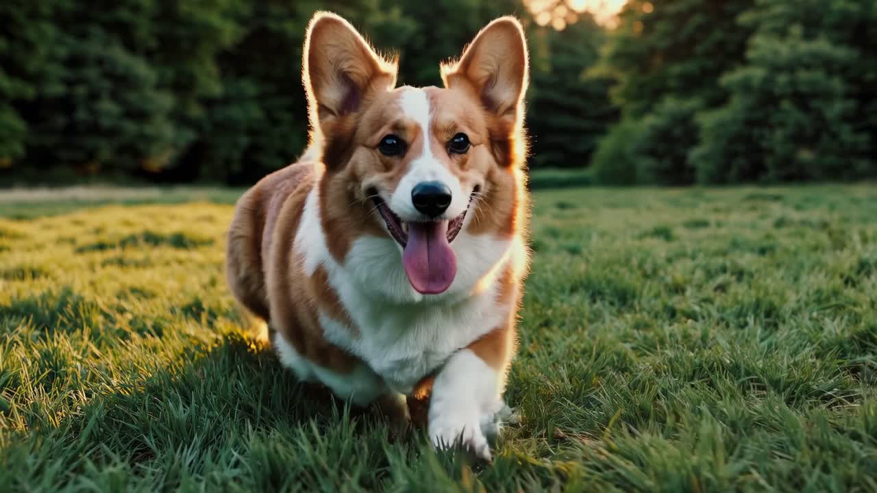 A playful corgi runs on grass, captured from a low-angle, creating a dynamic and lively video scene