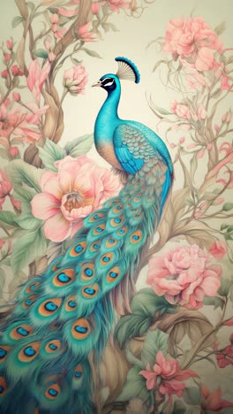 elegant peacock amidst blooming flowers, captured in a vibrant, detailed illustration