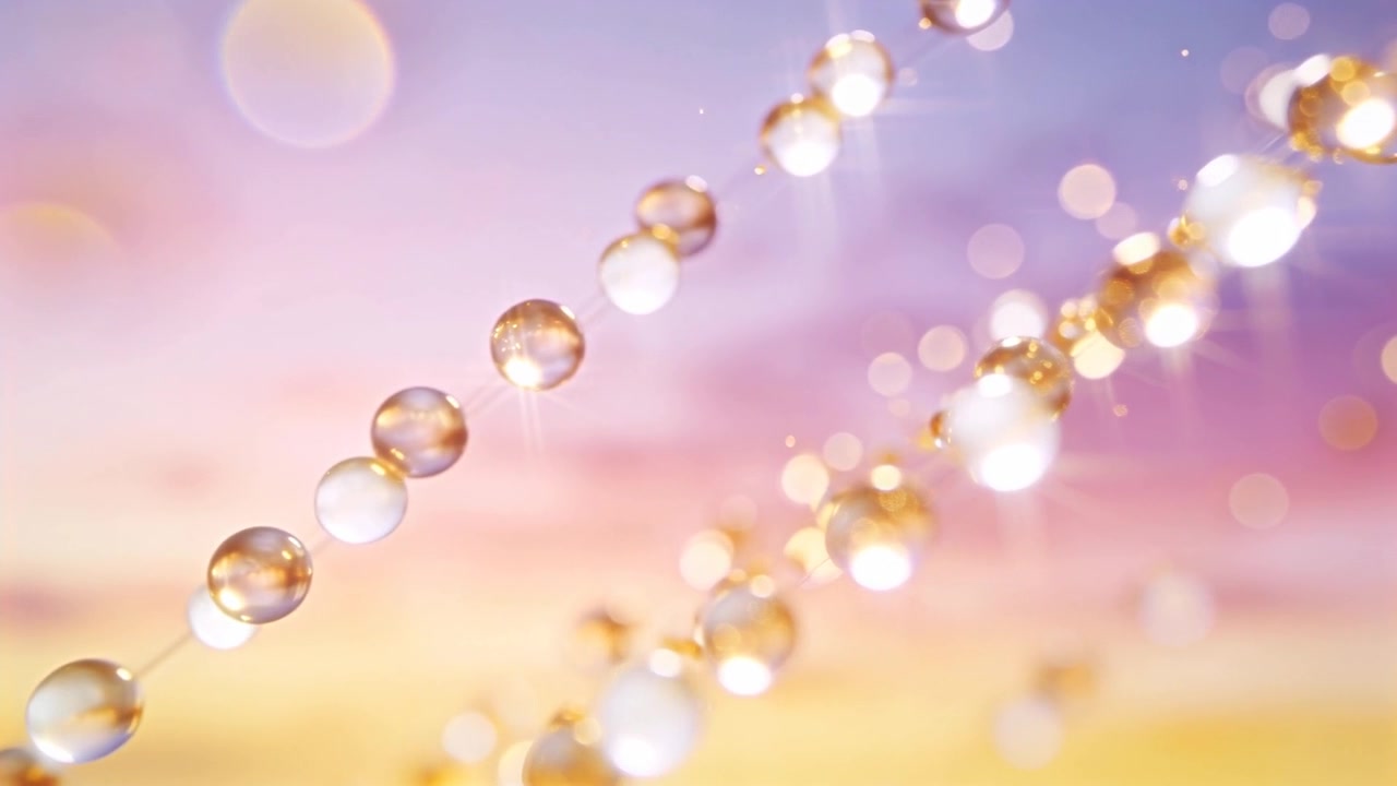 Perle traslucide che fluttuano su un gradiente pastello con bokeh, con la telecamera che si sposta per centrare la composizione.