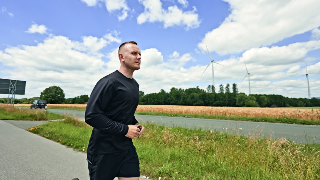 Homem corredor atlético, forte e saudável ao ar livre. Jovem em uma corrida matinal em um dia ensolarado. Treino cardiovascular ao ar livre. Estilo de vida saudável. Homem de shorts pretos e camiseta.