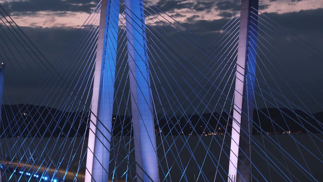 Aerial view of The Tappan Zee Bridge at night. Shot at dusk in Tarrytown.