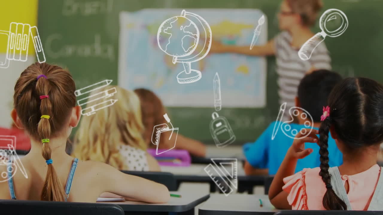 animación de iconos escolares sobre diversos escolares en el aula