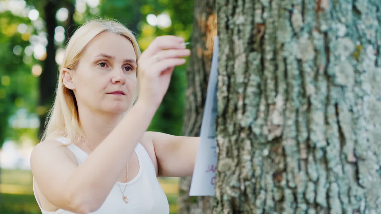젊은 여성이 공원에 있는 나무에 광고를 붙입니다.