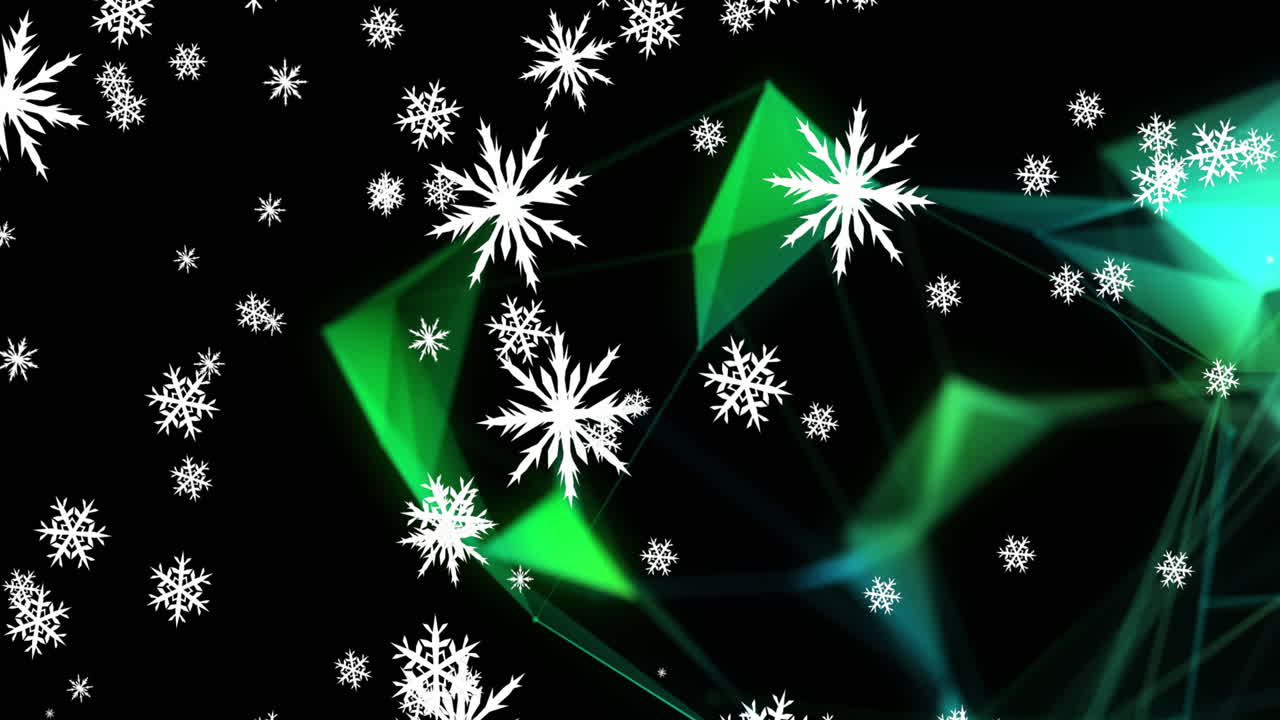 Animation of christmas snowflakes and green shapes falling on black background
