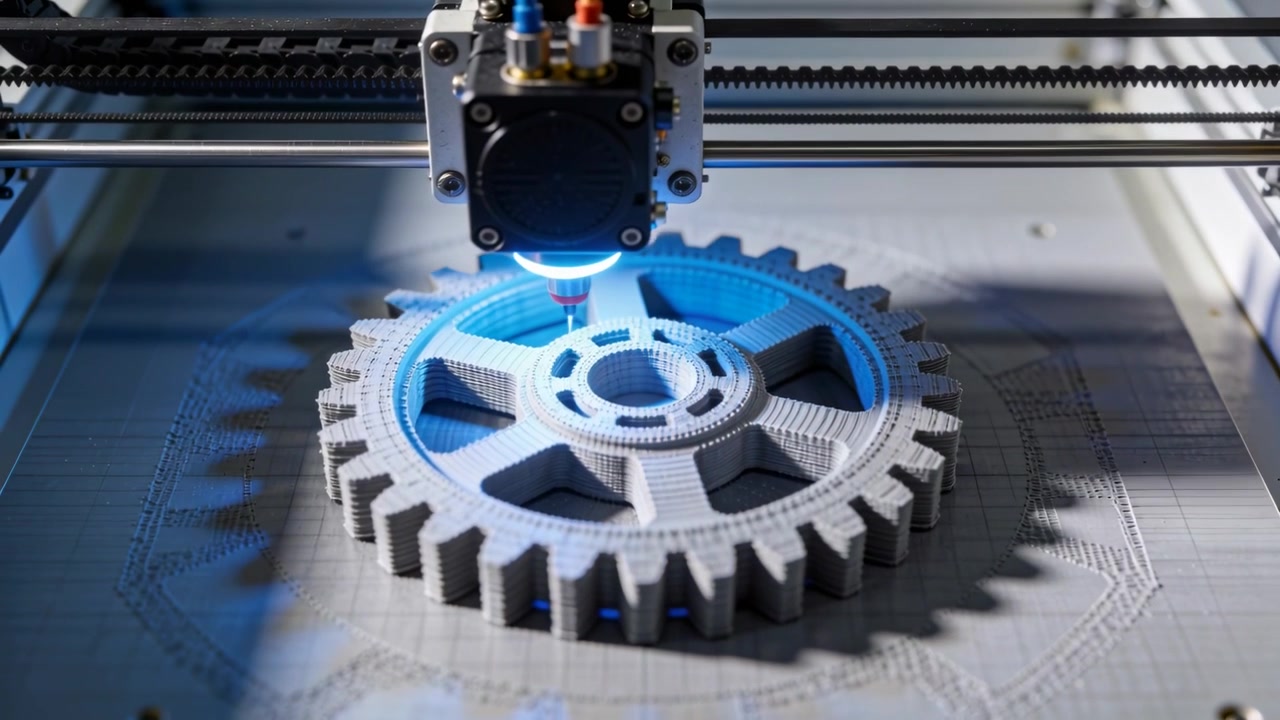 Extrusora de pórtico ejecutando código G, construyendo un engranaje grande en la base de impresión para prototipado, con luz de anillo azul.