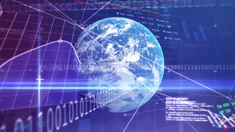 animation of financial graphs and globe over navy background