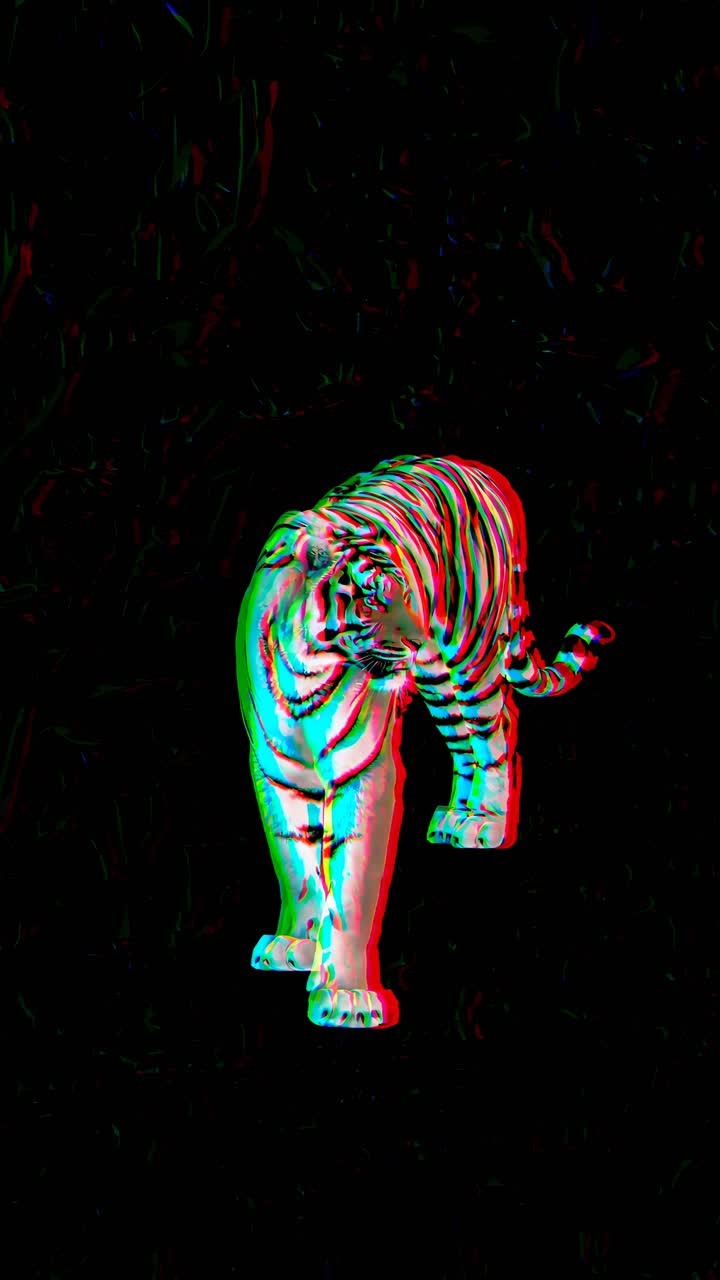 A glitch art style video effect of a tiger walking towards the camera at a low angle, with red