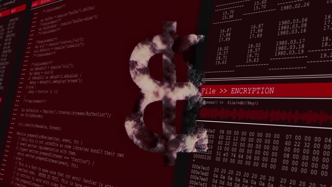 simbolo bitcoin con animazione di testo di crittografia su codice informatico e dati