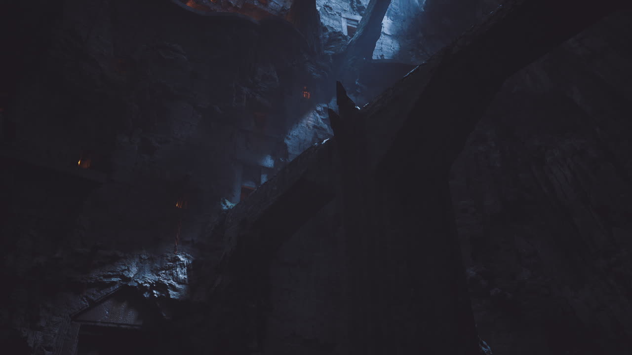 Enigmatic stone archway illuminated by soft blue light inside remote canyon
