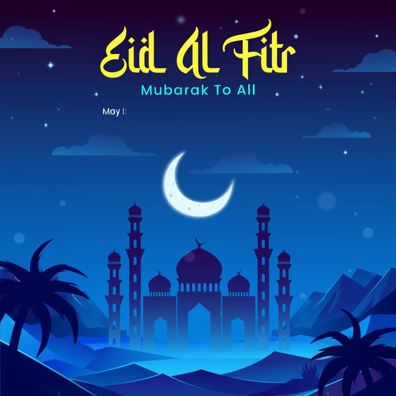 Animazione di auguri per l'Eid al-Fitr Mubarak con motivi geometrici islamici e decorazioni festive delicate su sfondo blu notte intenso
