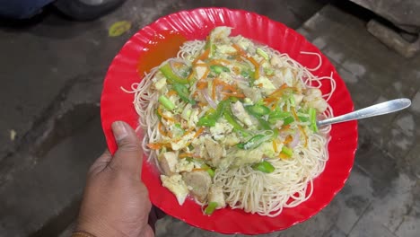 closeup shot of veg gravy chowmein served with lots of green veggies on top.