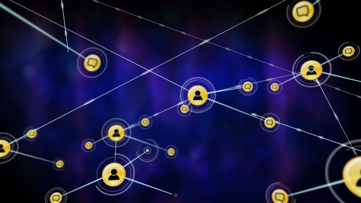 Animation of network of connections with people icons over blue background