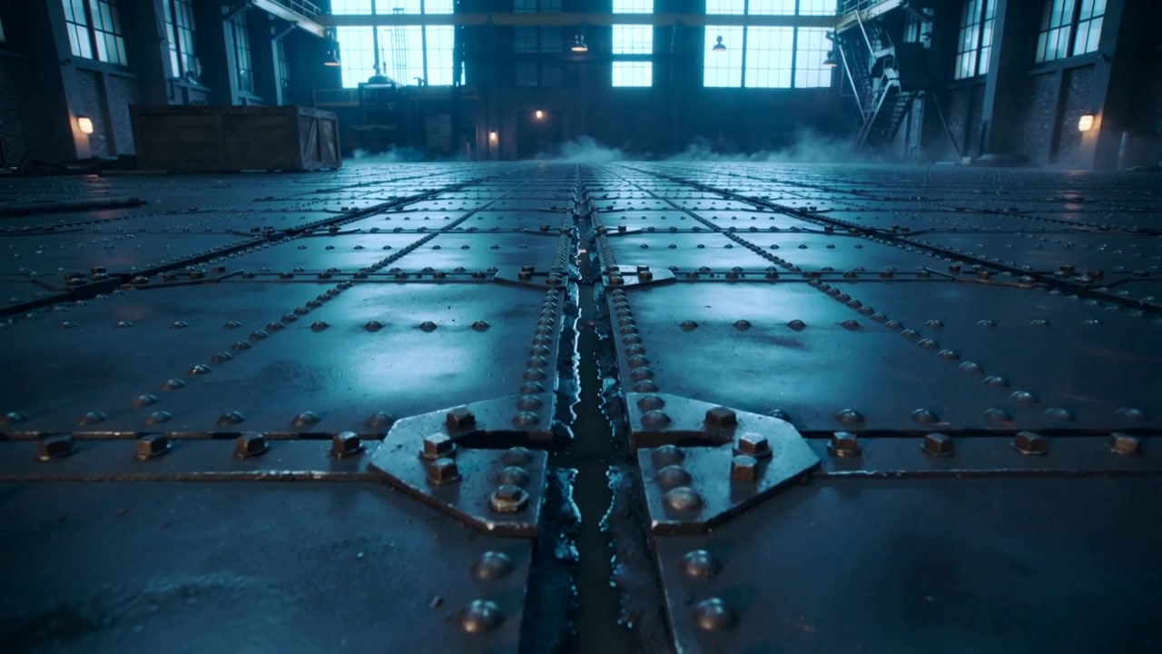 La telecamera si allontana, rivelando la giuntura di un portello metallico rivettato con un canale bagnato in un magazzino, mostrando nebbia.
