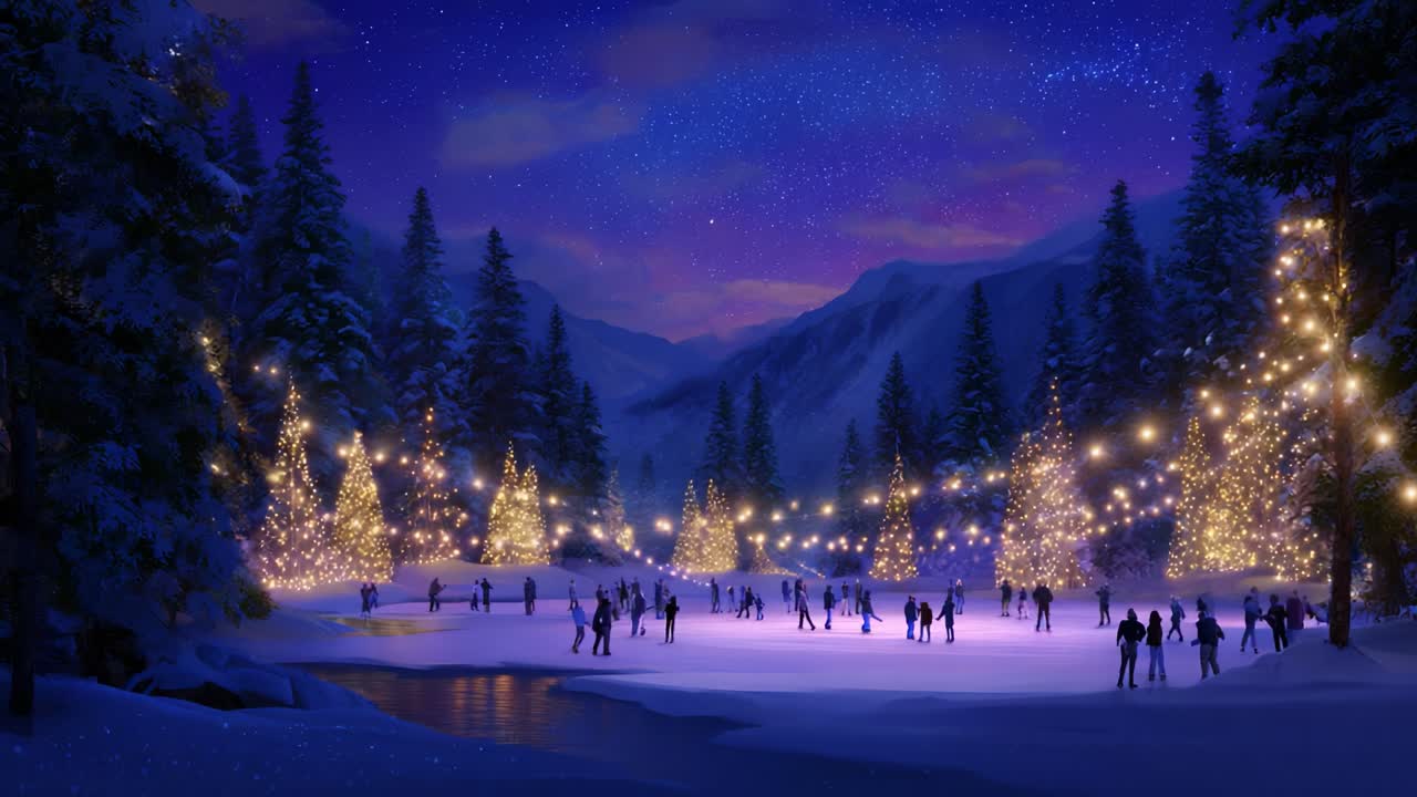 A Magical Winter Scene Featuring a Beautifully Decorated Ice Skating Rink Surrounded by Majestic Snow-Covered Trees, Glittering Lights, and a Starry Night Sky, Creating a Perfect Holiday Atmosphere