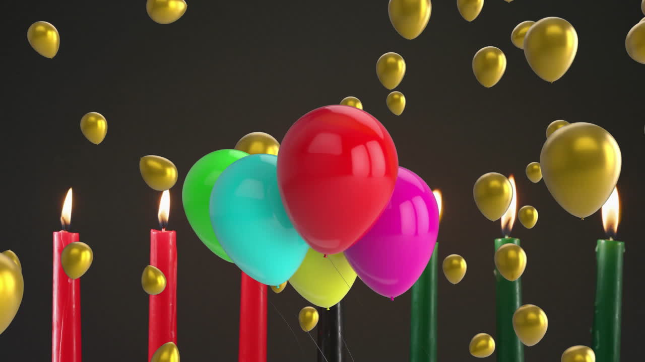 Floating golden balloons with colorful candles and balloons on dark background