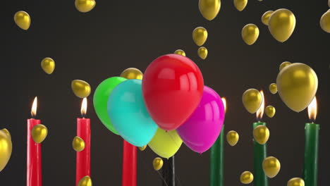floating golden balloons with colorful candles and balloons on dark background