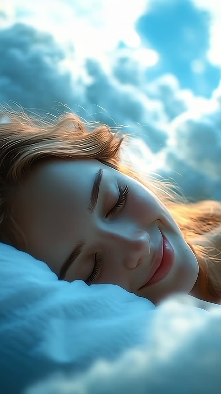 Dreaming peacefully in soft clouds. A serene young woman sleeps among fluffy clouds, surrounded by calming blue hues, embodying tranquility and comfort.