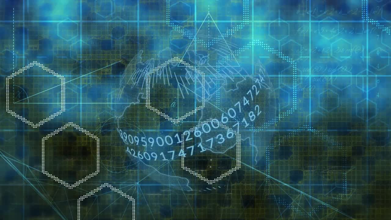 블루 스크린을 통해 숫자와 연결 네트워크를 가진 지구의 애니메이션