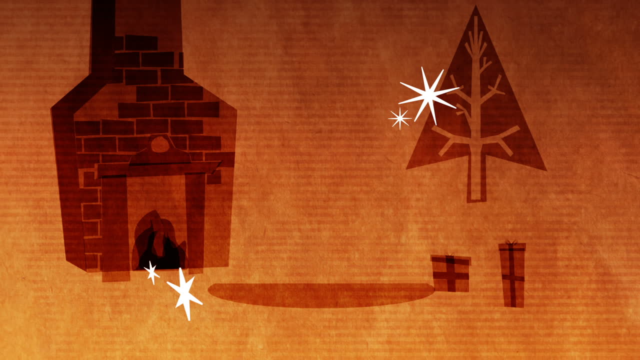 벽난로, 나무 및 선물 4k에 대한 메리 크리스마스 텍스트