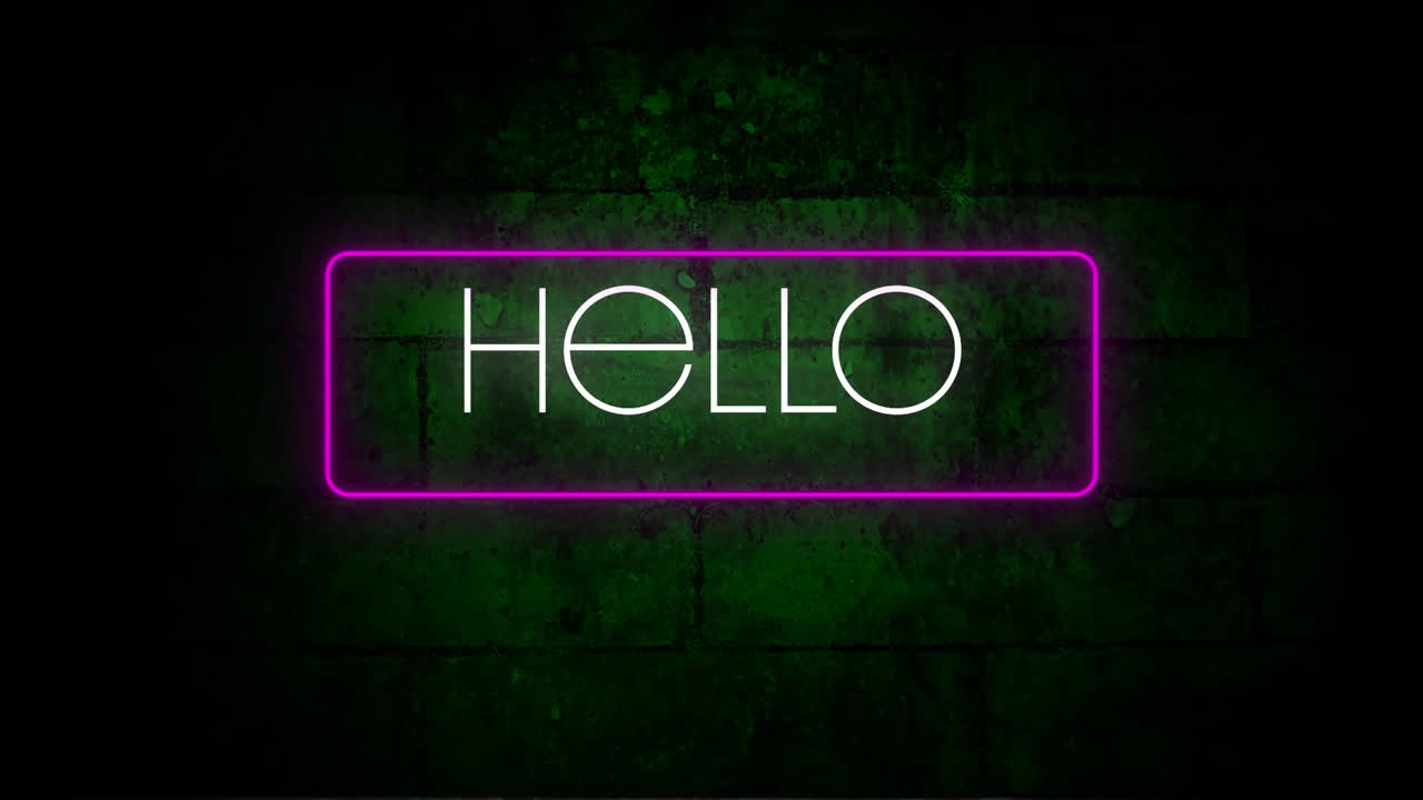 Digital animation of hello text in neon rectangle frame against green brick wall in background