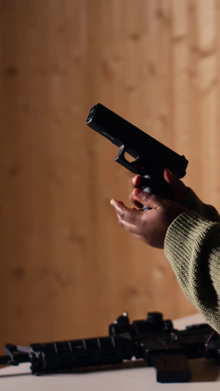 Vertical video Person wearing safety equipment loading bullets cartridge in pistol