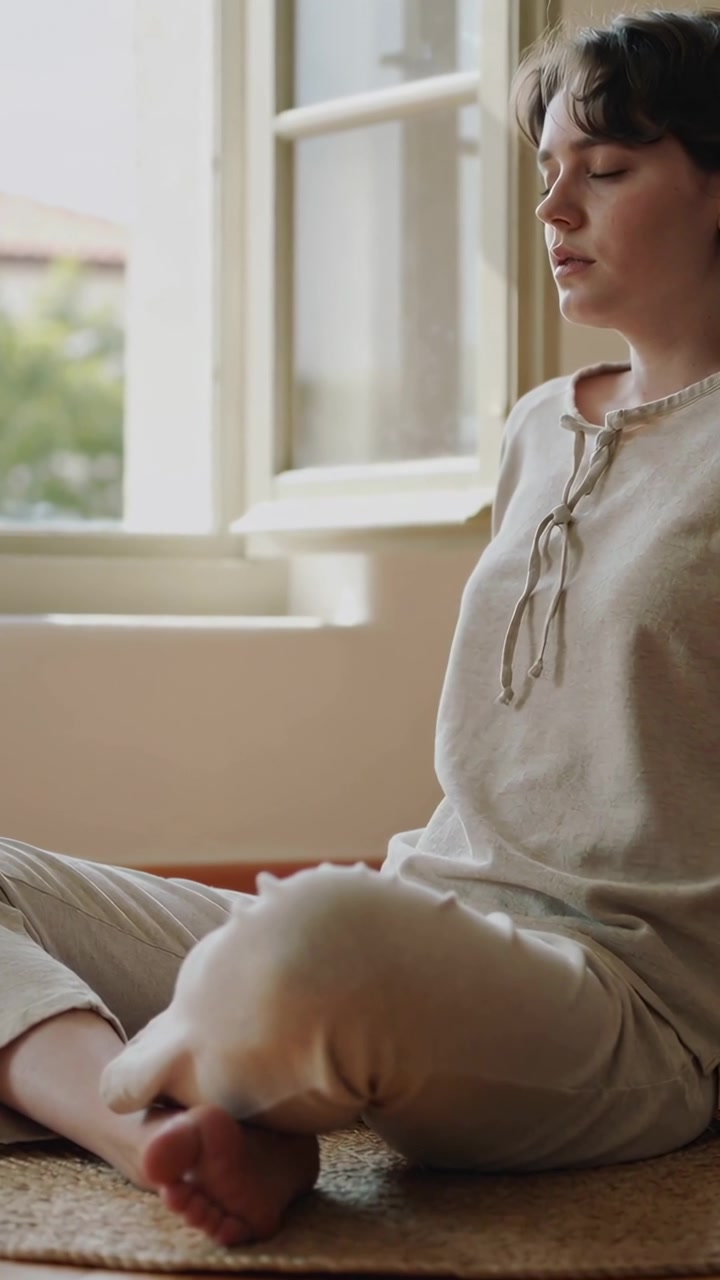Video verticale: Donna seduta in top che muove una gamba, con gli occhi che si chiudono vicino a una finestra su un tappeto, la luce che infonde calma.