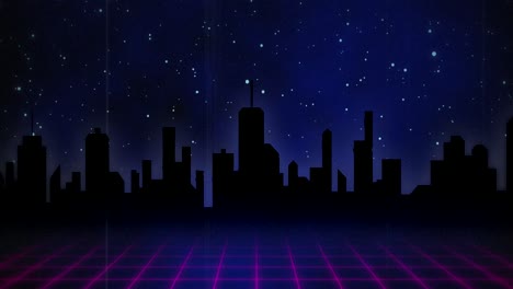 Pink-squared-floor-moving-over-dark-city-against-blue-universe-background-4k