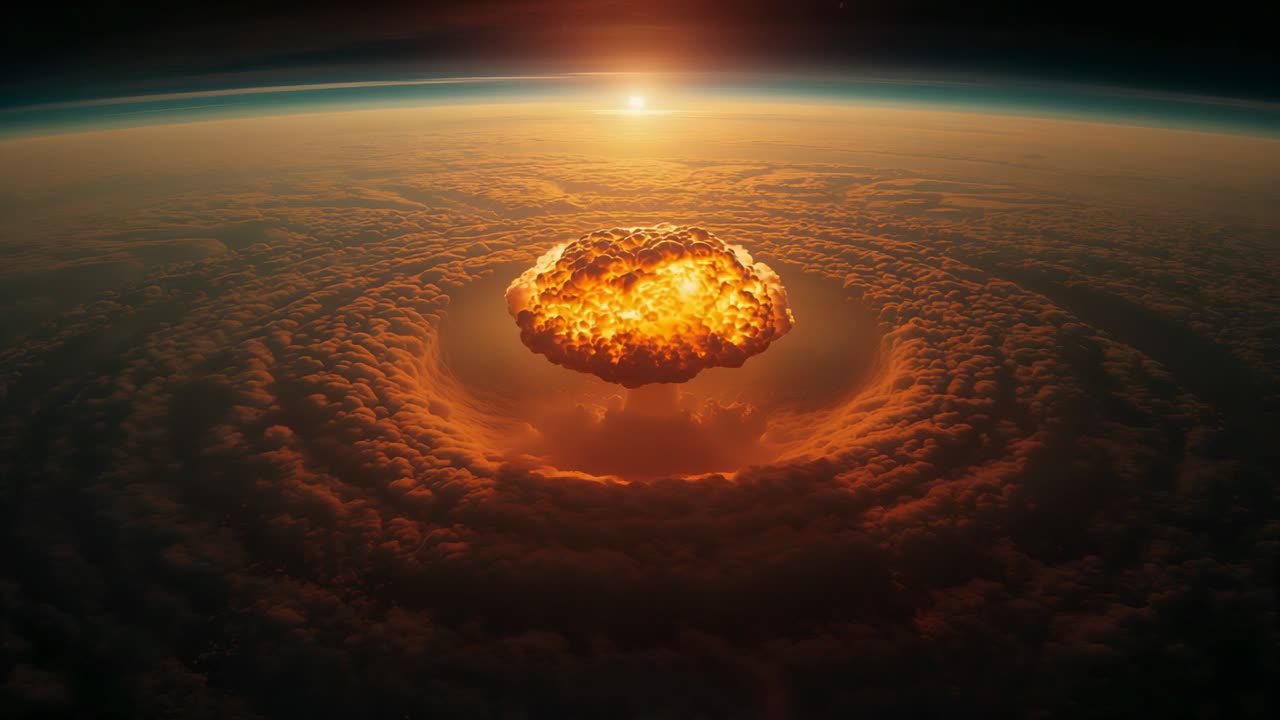 Erupting burst forming rising mushroom-shaped blast cloud above Earth's horizon, sunlight glare
