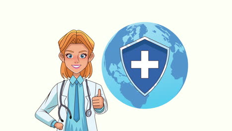 female doctor professional with earth planet character animation