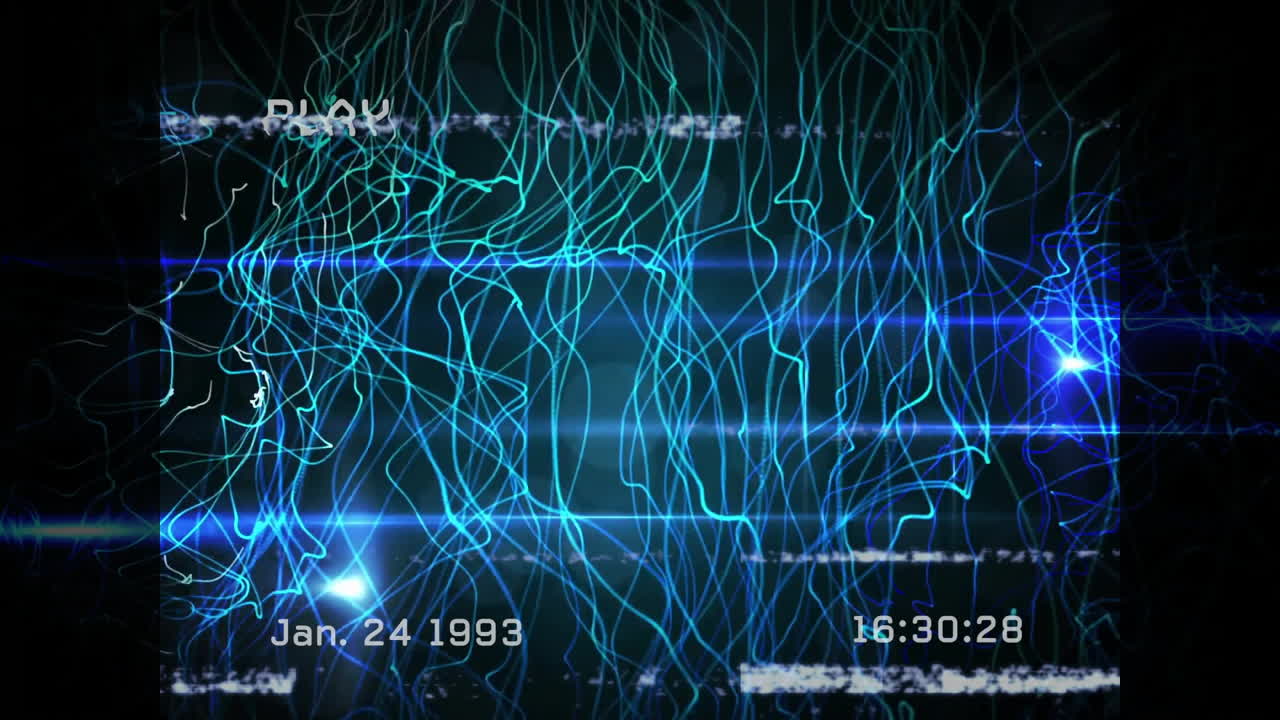 Animation with blue light patterns and digital lines featuring PLAY and date overlay