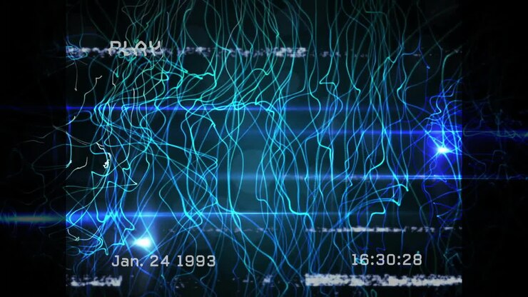 Animation with blue light patterns and digital lines featuring PLAY and date overlay