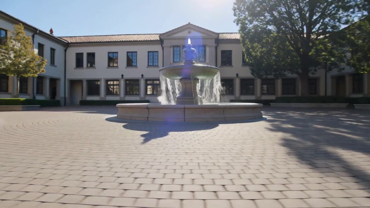 Estudiantes corriendo entran por los lados, rodeando una fuente en una plaza soleada para jugar, con camiseta roja.