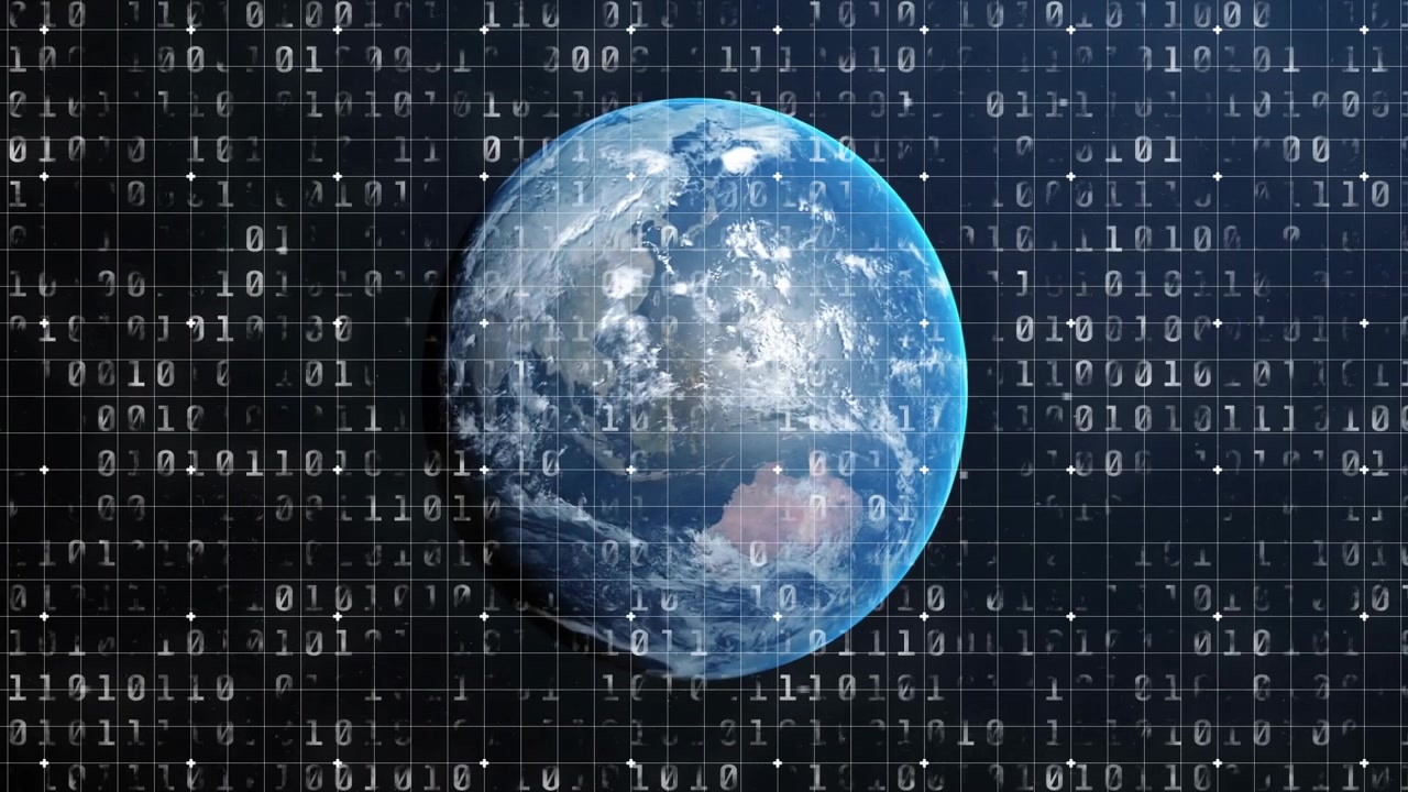 Starting 3D globe rotating toward Australia with binary grid flickering in space showing data flow