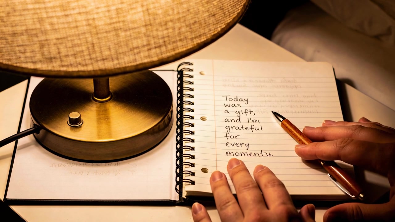 Finishing gratitude note, writer's hands reaching to switch lamp off at bedside, with notebook pen