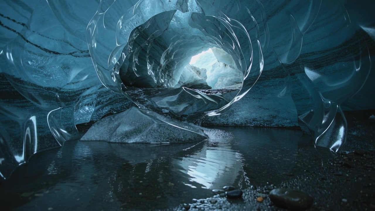 Gliding low camera capturing glacial ice tunnel at cave, meltwater ripples moving to bright mouth