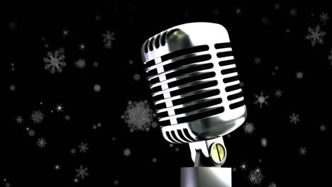 Animation-of-snow-falling-over-microphone-on-dark-background