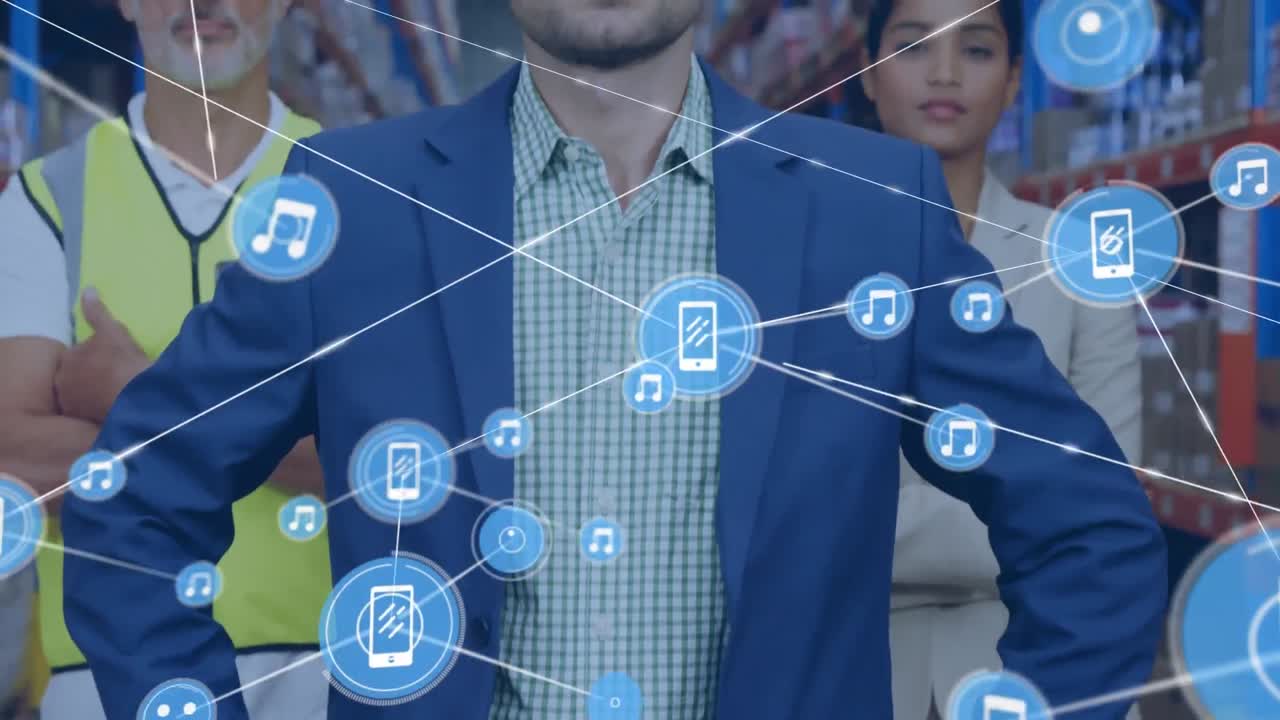 animación de la red de conexiones con iconos sobre diversas personas que trabajan en el almacén