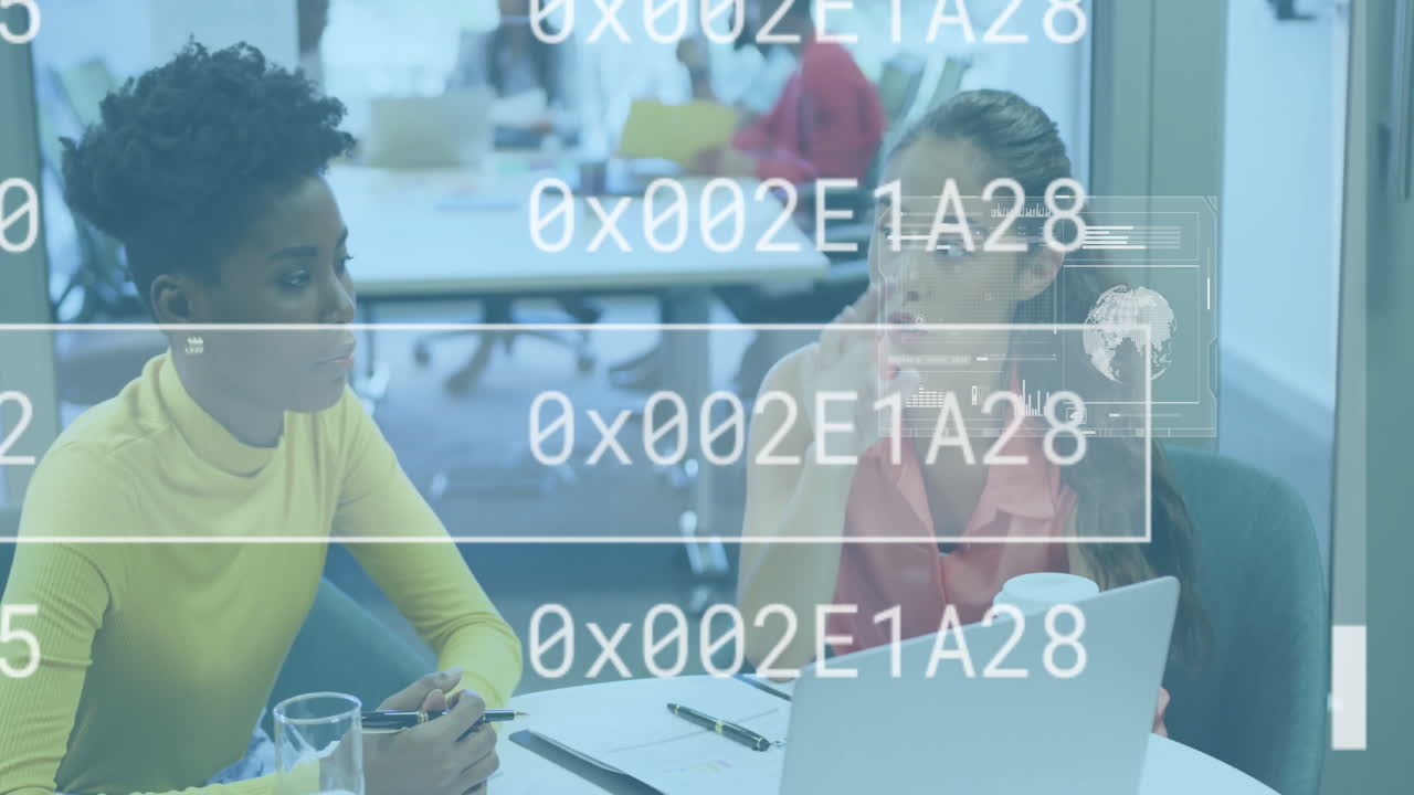 Diverse colleagues discussing work at office with digital code overlay animation