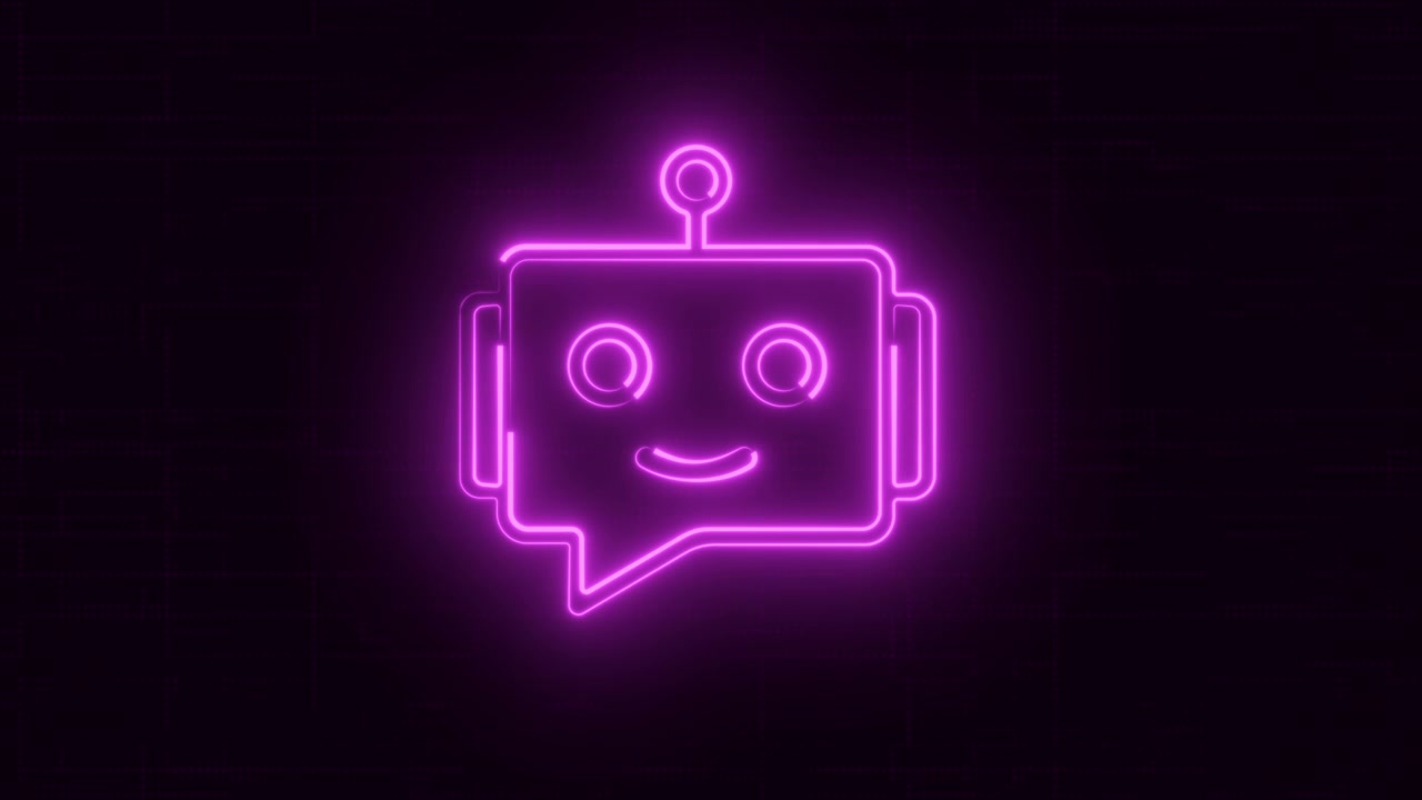 Icona di chatbot robot rosa neon che pulsa su sfondo digitale