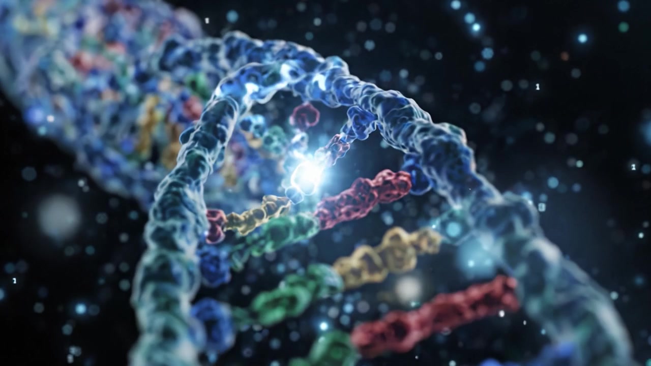 Esplorando l'intricata struttura del DNA: una vista ravvicinata della doppia elica e dei suoi colorati modelli di nucleotidi sotto una lente microscopica.