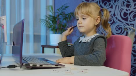 niña llamando a la maestra en la computadora portátil, educación a distancia aprendiendo en casa en el bloqueo por coronavirus