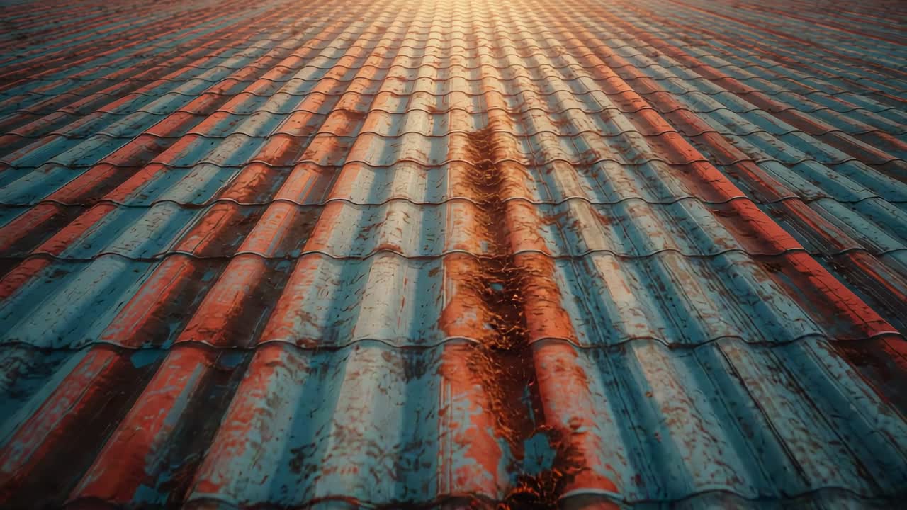 Gliding camera tracking corrugated roof panels on sunlit rooftop, revealing rust, peeling paint
