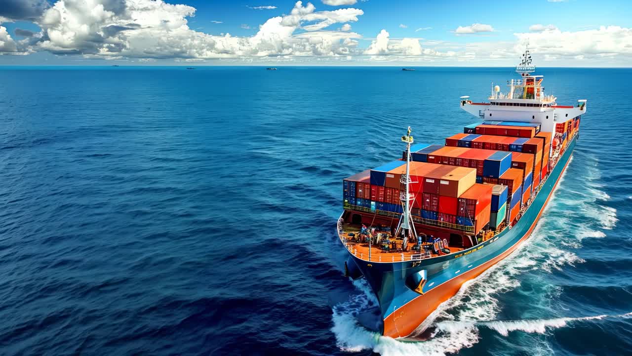 Aerial video captures a vibrant cargo ship navigating the vast ocean, emphasizing global trade