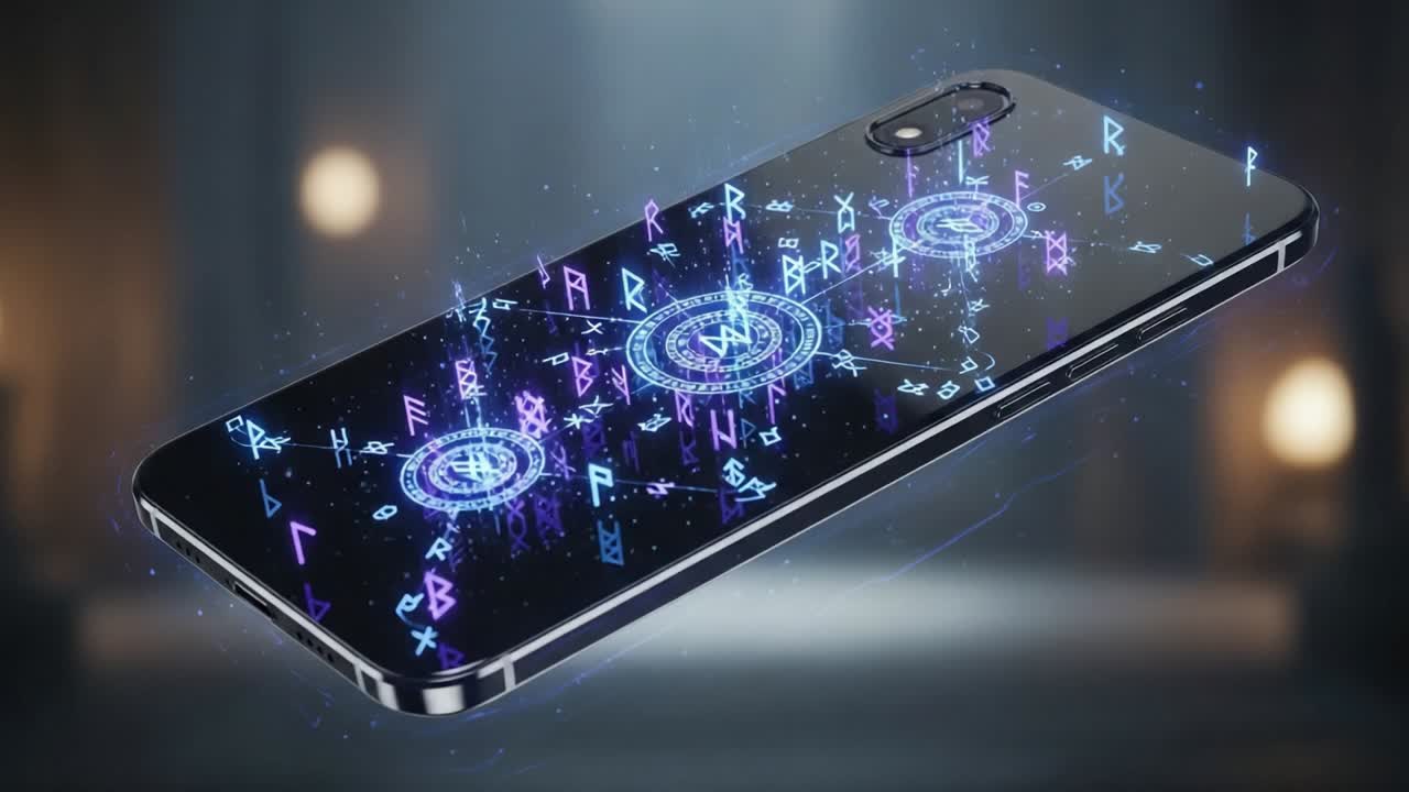 Stunning Futuristic Smartphone Display Featuring Dynamic Animated Visuals with Intricate Symbolic Patterns and Digital Effects for Tech Enthusiasts and Designers