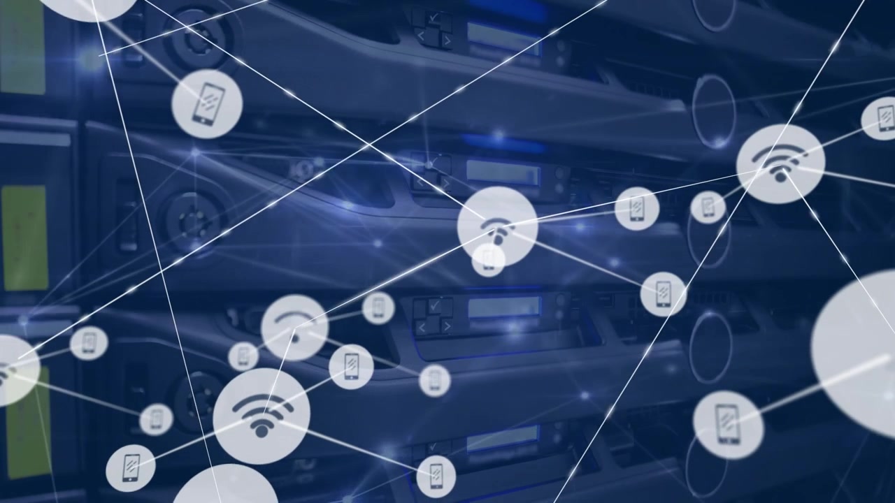 Animation of wireless network icons connecting with lines against server
