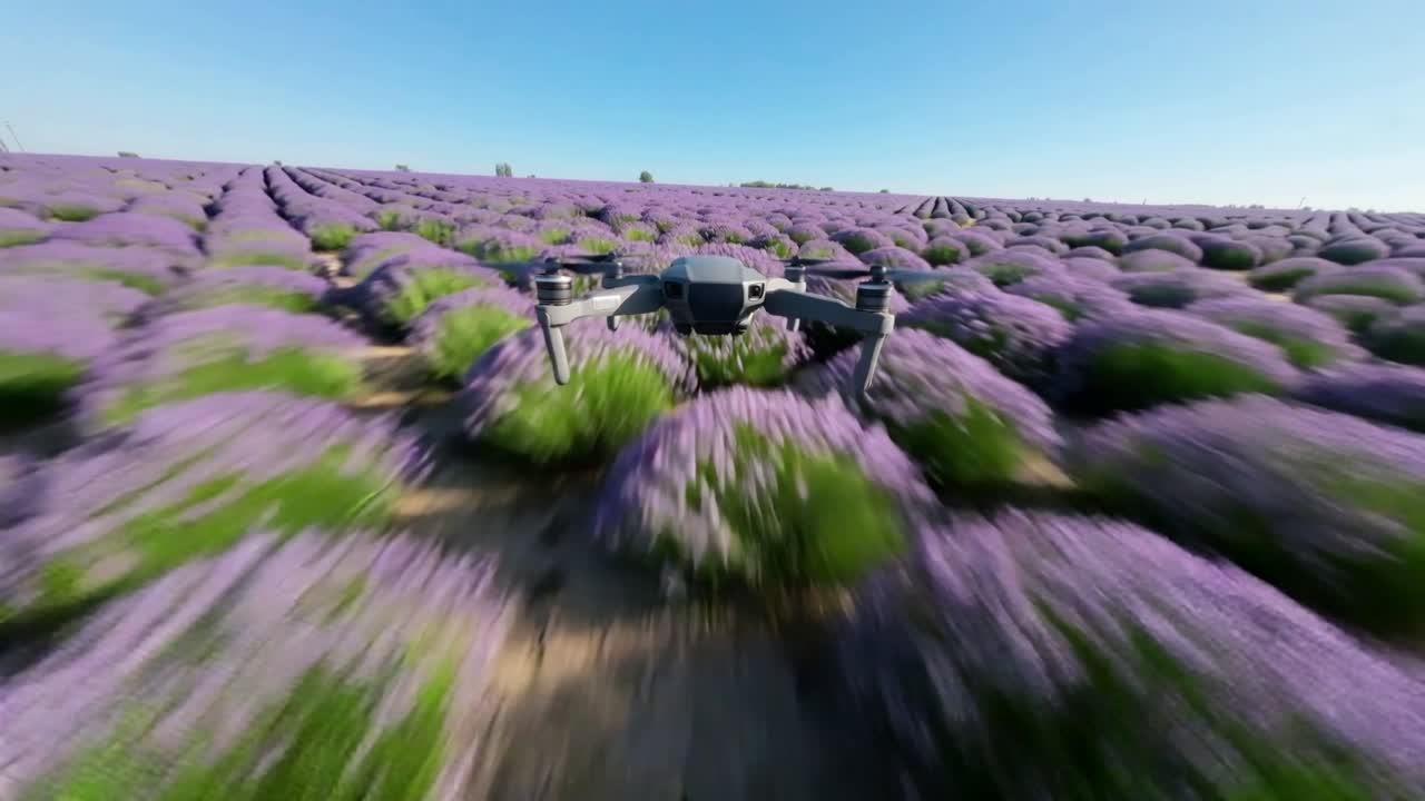 Le eliche girano, un piccolo drone quadricottero vola avvicinandosi alla telecamera sopra i filari di lavanda.